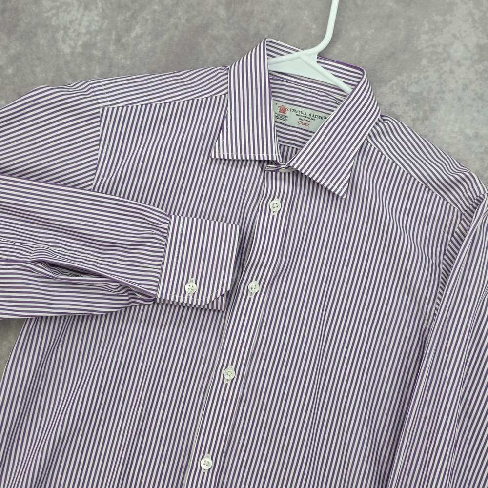 Turnbull & Asser Mens Purple White Striped Cotton Dress Shirt Made in England 15